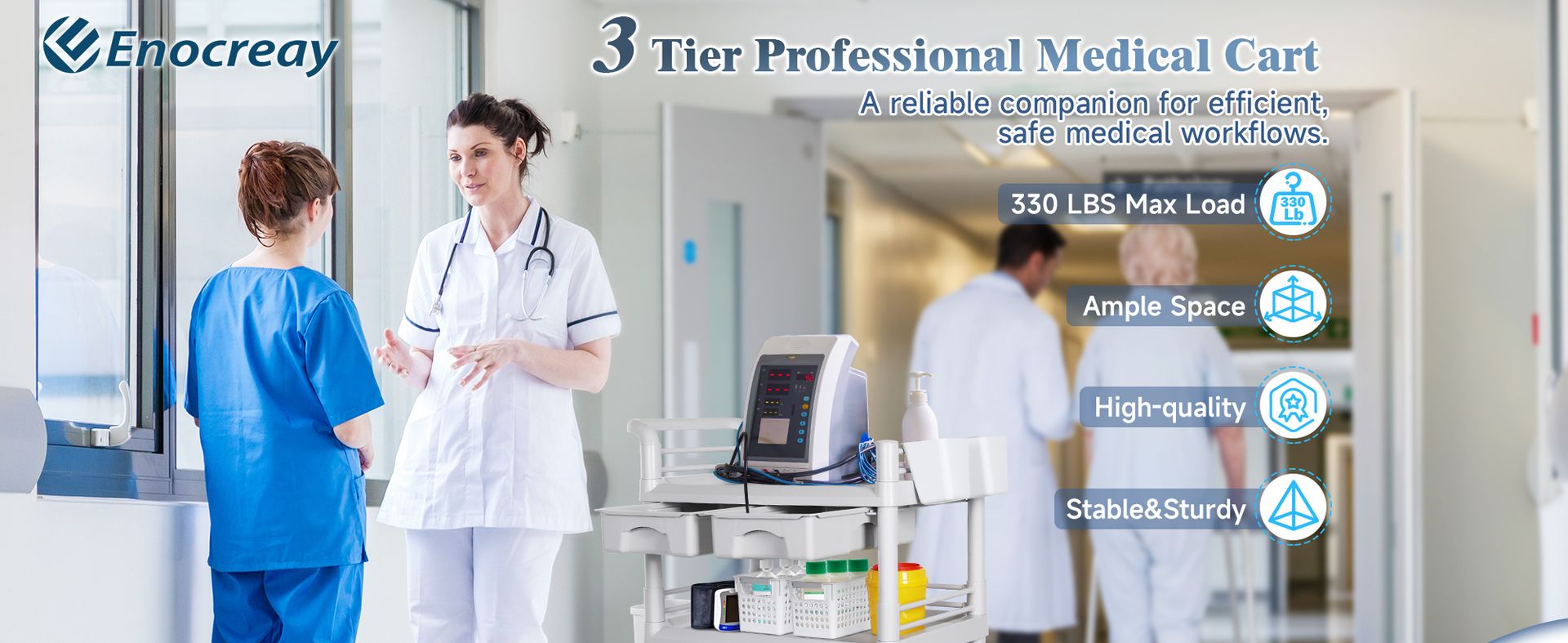 Mobile Medical Cart 3-Tier Professional Utility Cart 330 LBS Max Load