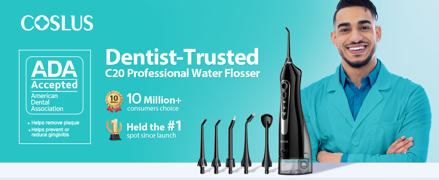 COSLUS ADA Accepted C20 Water Dental Flosser Pick, Professional Set Black