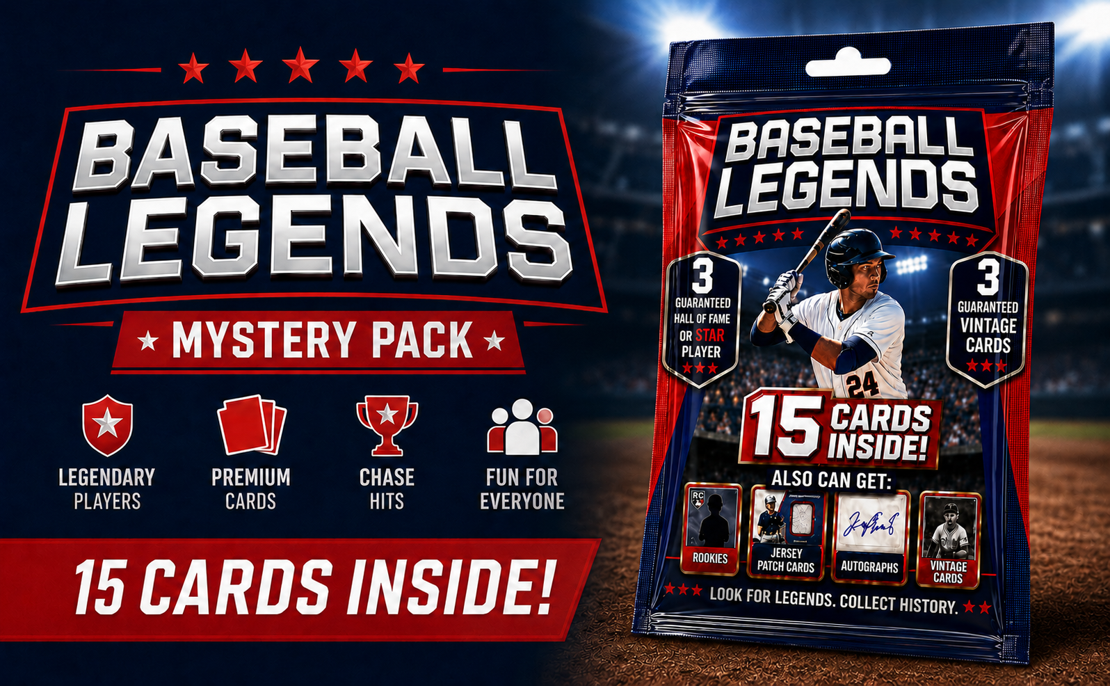 Baseball Card Legends Pack – 15 Cards Inside | 3 Guaranteed Stars or Hall of Famers + 3 Vintage Cards | Possible Rookies, Autographs, Jersey Patch & Insert Cards for Collectors
