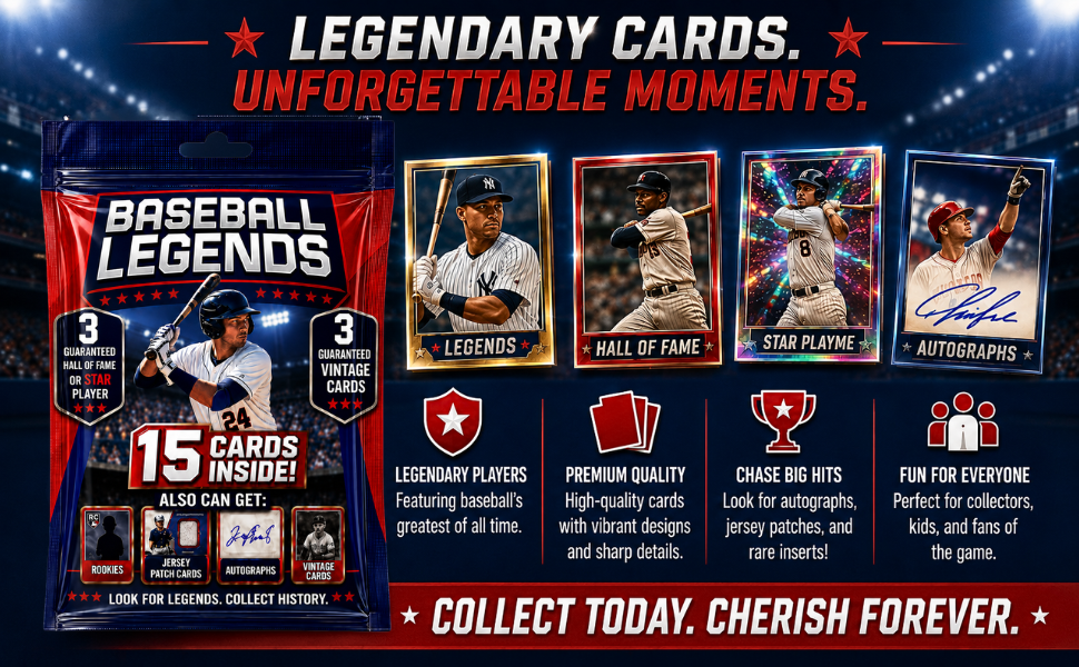 Baseball Card Legends Pack – 15 Cards Inside | 3 Guaranteed Stars or Hall of Famers + 3 Vintage Cards | Possible Rookies, Autographs, Jersey Patch & Insert Cards for Collectors