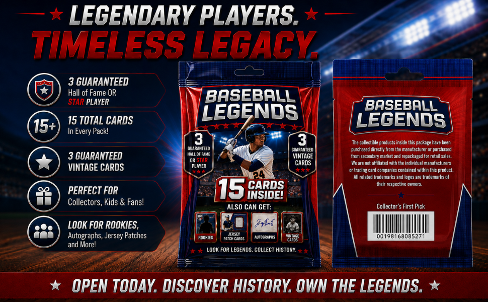 Baseball Card Legends Pack – 15 Cards Inside | 3 Guaranteed Stars or Hall of Famers + 3 Vintage Cards | Possible Rookies, Autographs, Jersey Patch & Insert Cards for Collectors