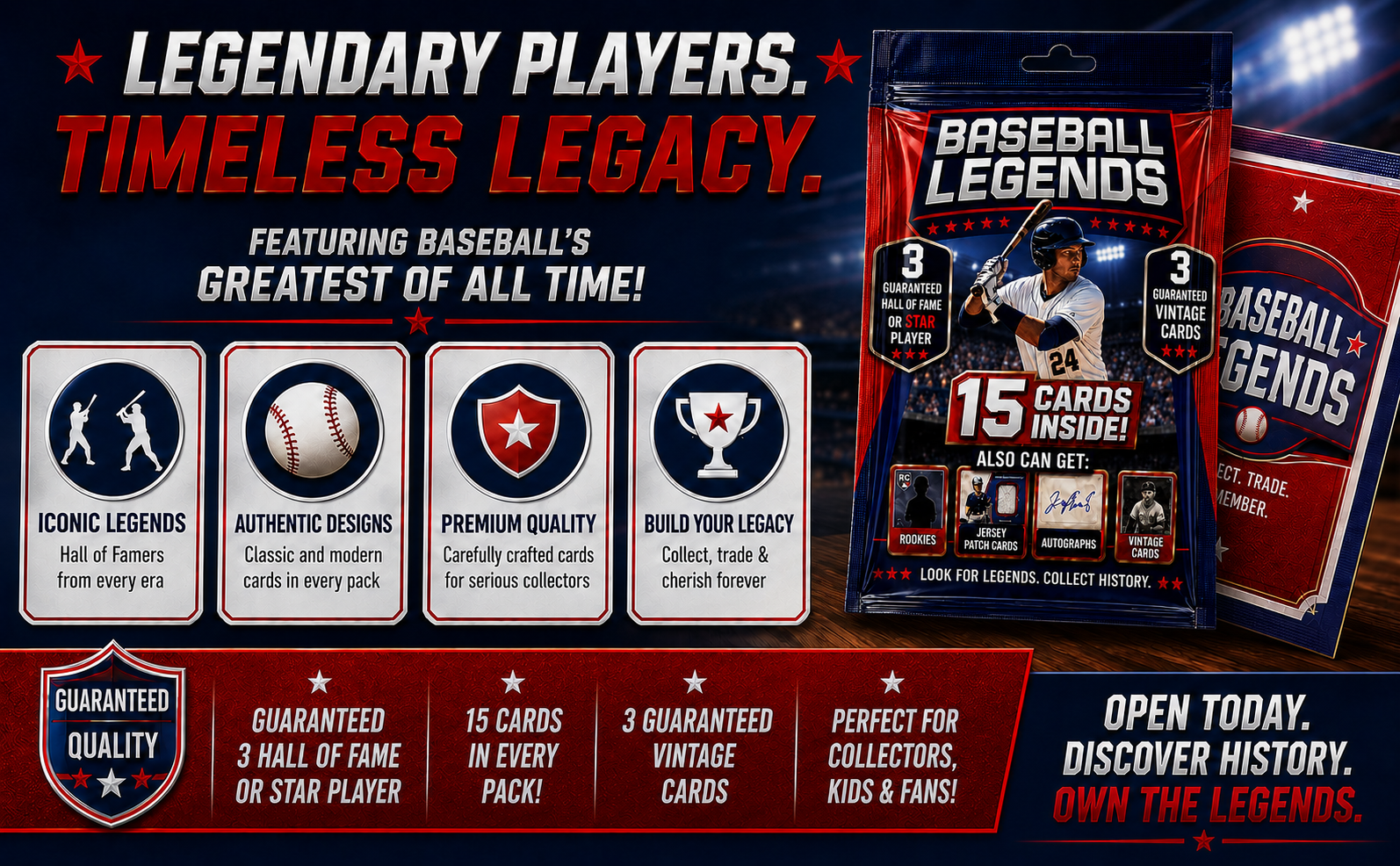 Baseball Card Legends Pack – 15 Cards Inside | 3 Guaranteed Stars or Hall of Famers + 3 Vintage Cards | Possible Rookies, Autographs, Jersey Patch & Insert Cards for Collectors