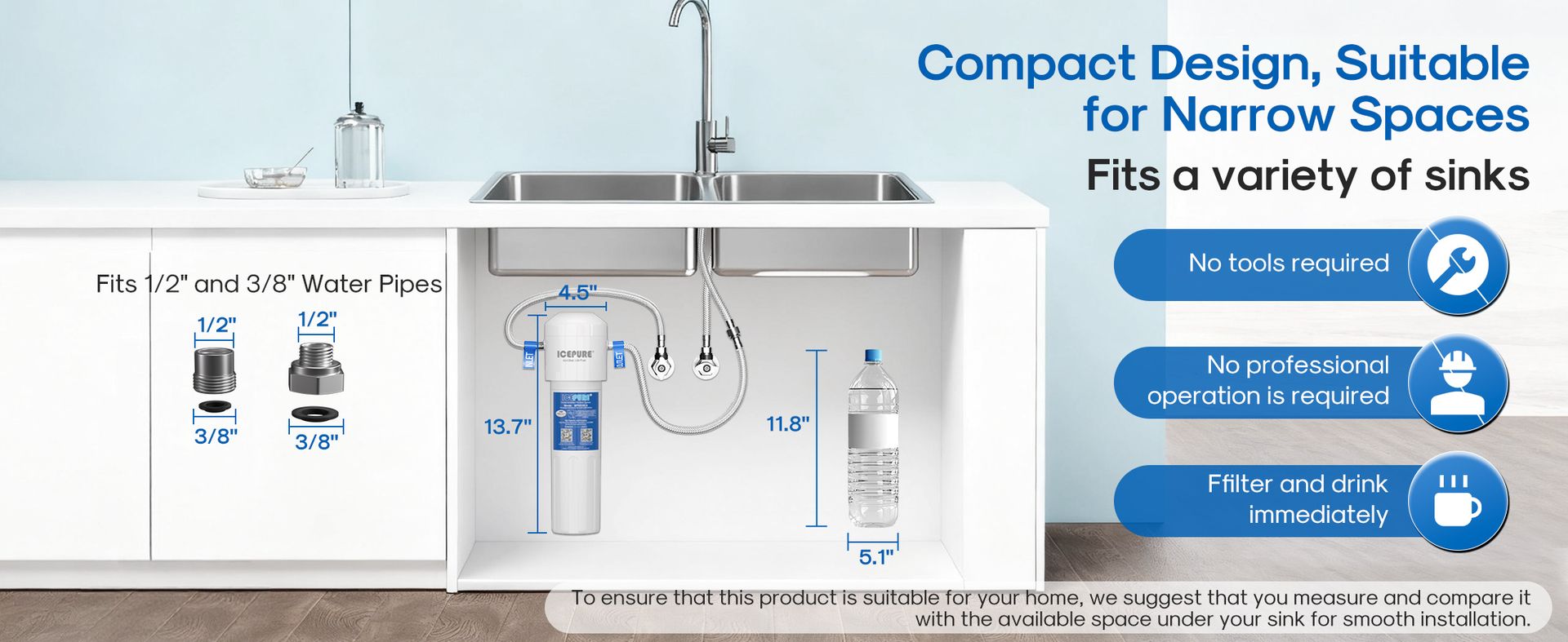 ICEPURE Under Sink Water Filter System, 3 Years or 22000 Gallons Ultra High Life NSF/ANSI 42 Certified, Removes Heavy Metals,Chlorine,Direct Connect Under Counter Drinking Water System, USA Tech