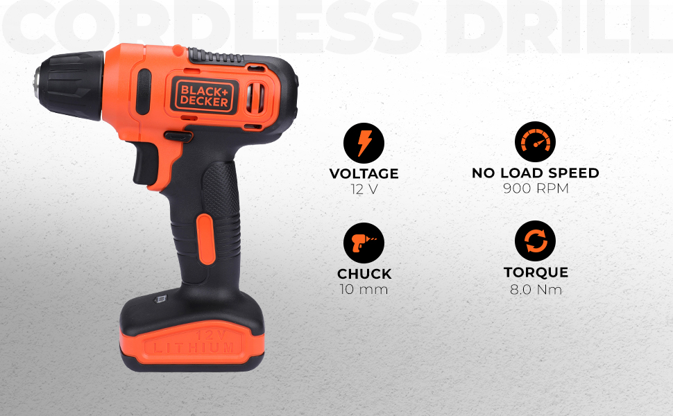BLACK+DECKER LD12SP 12V 10mm Li-ion Cordless Variable Speed Reversible Drill Machine Driver with 10 Screwdriver & 2 Drill Machine Bits for Home & DIY Use, 1 Year Warranty, ORANGE & BLACK