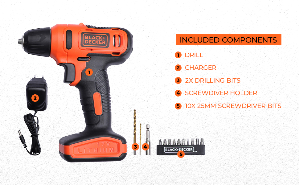 BLACK+DECKER LD12SP 12V 10mm Li-ion Cordless Variable Speed Reversible Drill Machine Driver with 10 Screwdriver & 2 Drill Machine Bits for Home & DIY Use, 1 Year Warranty, ORANGE & BLACK