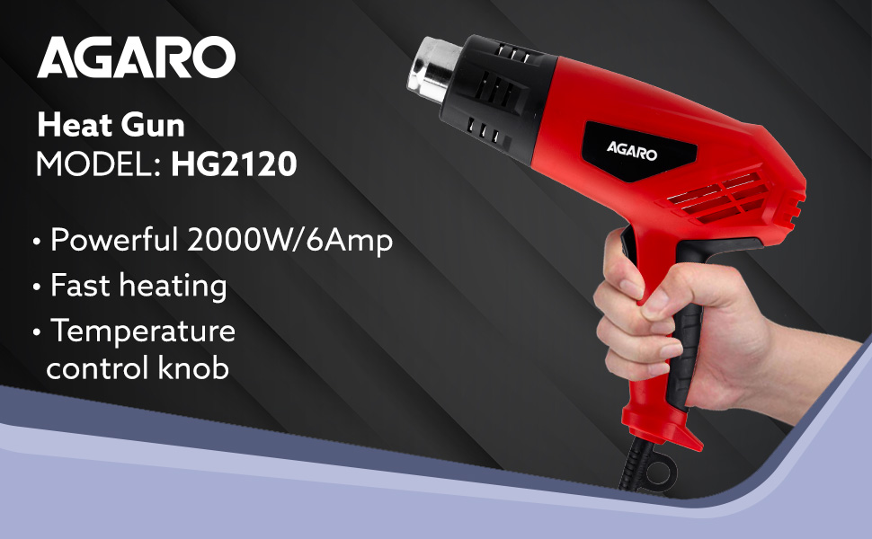 AGARO 2000W Heat Gun Dual Temperature and Air Flow Control with 4 Nozzle Attachments, Hot Air Heating helps in Shrink Wrapping, Paint Removal, Rusted Bolt Stripping,Wire Shrinking, Crafting HG2120