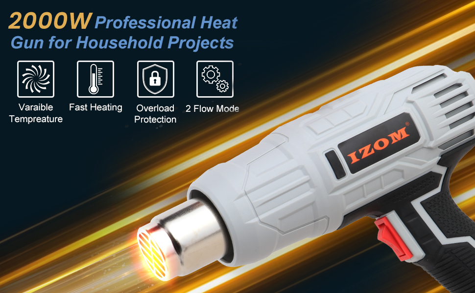 Izom 2000W Heavy Duty Hot Air Gun With Dual Temperature Settings & Four Nozzles for Crafts, Shrinking, Wrapping, Tubing, Multi
