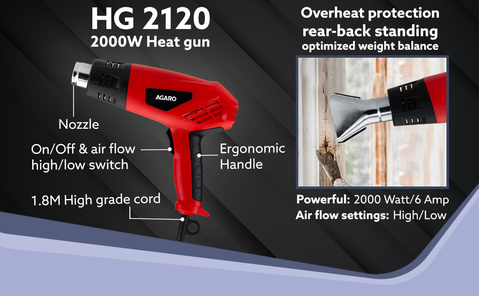 AGARO 2000W Heat Gun Dual Temperature and Air Flow Control with 4 Nozzle Attachments, Hot Air Heating helps in Shrink Wrapping, Paint Removal, Rusted Bolt Stripping,Wire Shrinking, Crafting HG2120