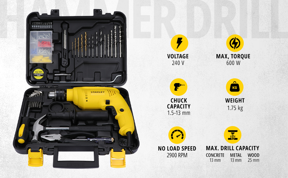 STANLEY SDH600KP-IN 600W 13mm CORDED HAMMER DRILL MACHINE & HAND TOOL KIT for Home, DIY & Professional Use (120-PIECES) - INCLUDES Hammer Drill,Plier,Hammer,Measuring Tape & Drill Bits,1Year Warranty