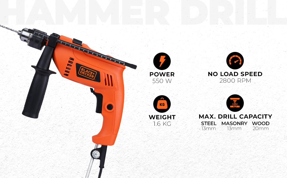 BLACK+DECKER HD555KMPR-B1 100 Pc 13MM 550W HAMMER DRILL & HANDTOOL KIT(Incl. Hammer, Screwdriver, Pliers, Wrench, SideHandle, Depth Gauge,Drill Bits & Accessories, Ideal for Home,DIY &Professional Use