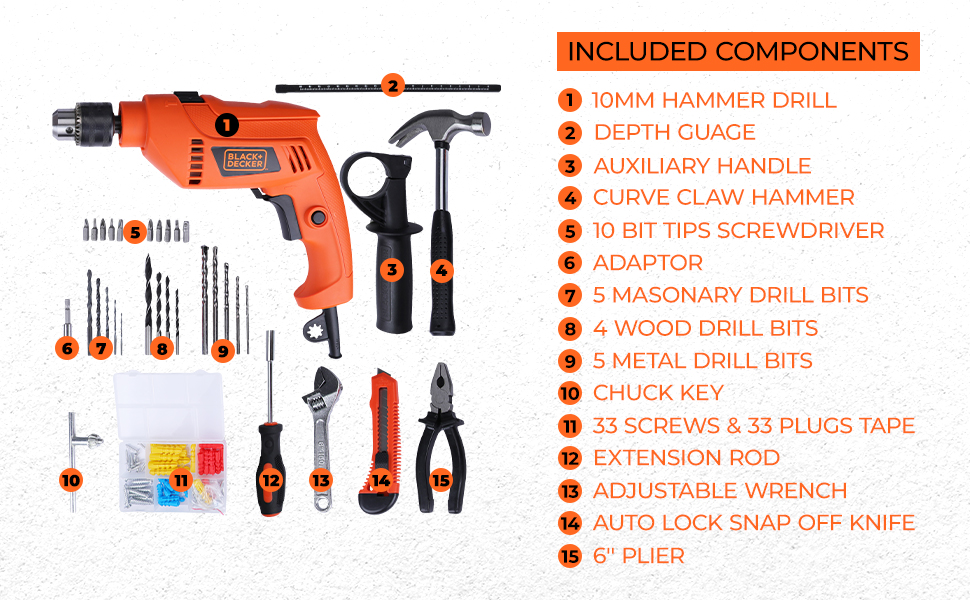 BLACK+DECKER HD555KMPR-B1 100 Pc 13MM 550W HAMMER DRILL & HANDTOOL KIT(Incl. Hammer, Screwdriver, Pliers, Wrench, SideHandle, Depth Gauge,Drill Bits & Accessories, Ideal for Home,DIY &Professional Use