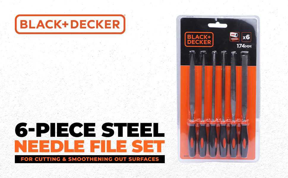 BLACK+DECKER BDHT22148 174mm 6-Piece Steel Needle File Set for Cutting & Smootheing Out Surfaces Ideal for Wood, Metal, Plastic for Home & DIY Use, ORANGE & BLACK