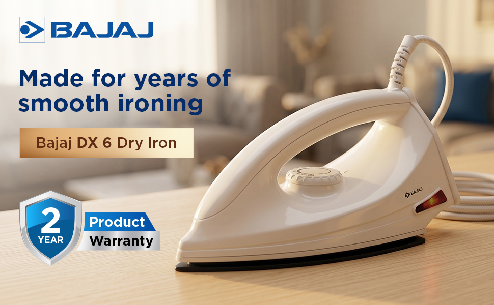 Bajaj DX-6 1000 Watts Dry Iron | Advance Soleplate And Anti-Bacterial German Coating Technology | Thermol Fuse Safety | Auto Shut-Off | Cool Touch Body | 2 Yr Warranty 【White】