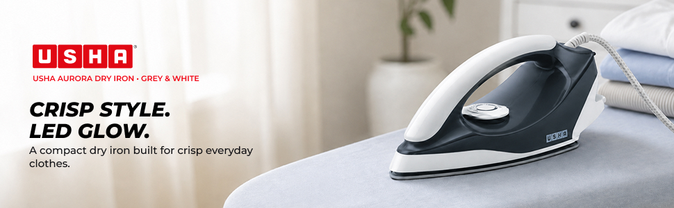 USHA Plastic Usha Aurora 1000Watt Dry Iron with Innovative Tail Light Indicator|Black Non Stick Soleplate for Longer Durability|Overheat Safety Shutoff|2 Years Warranty|(Grey & White),1000 Watts