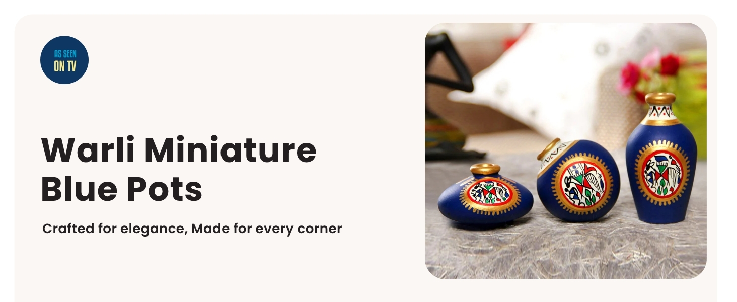 ExclusiveLane 'Warli Handpainted' Terracotta Pots Mini Vases for Living Room (Blue, Set of 3, 5-9 Cm)|Home Decorative Pots for Home D?cor Miniature Showpiece Items for Living Room