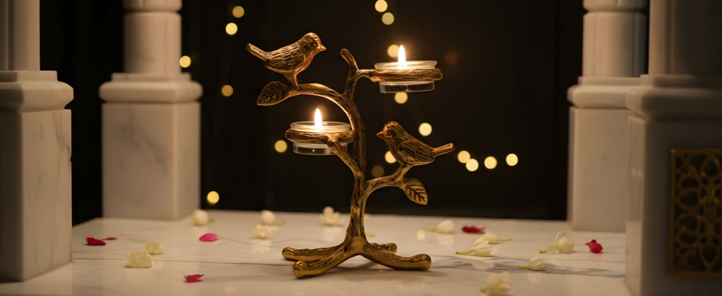 BEHOMA Metal Romantic Love Birds Tree Candle Valentine’s Day, Gold