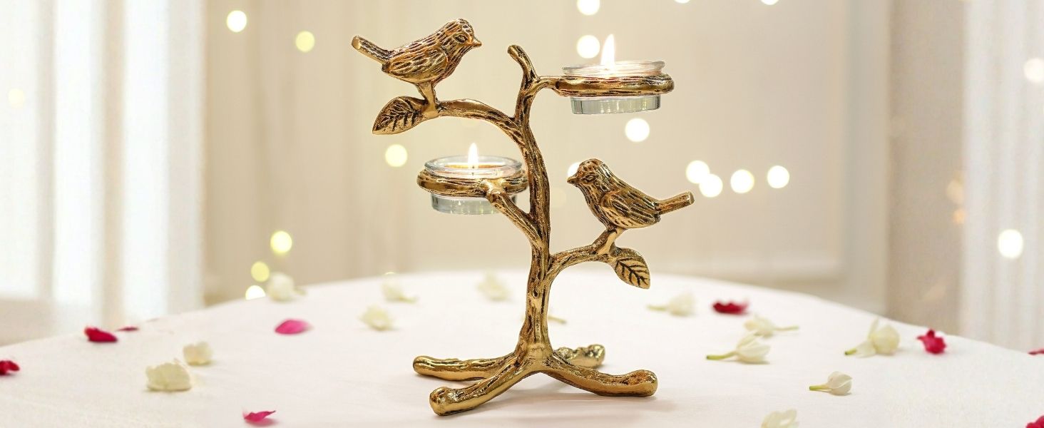BEHOMA Metal Romantic Love Birds Tree Candle Valentine’s Day, Gold