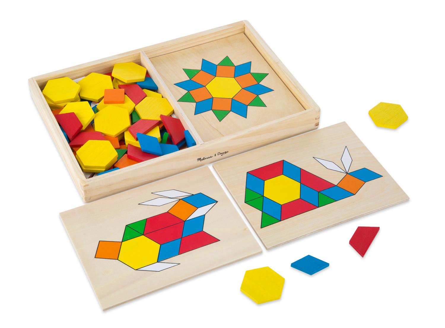 Melissa & Doug Kids Pattern Blocks And Boards Classic Toy (Developmental Toy, Wooden Shape Blocks, Double-Sided Boards, 120 Shapes & 5 Boards)