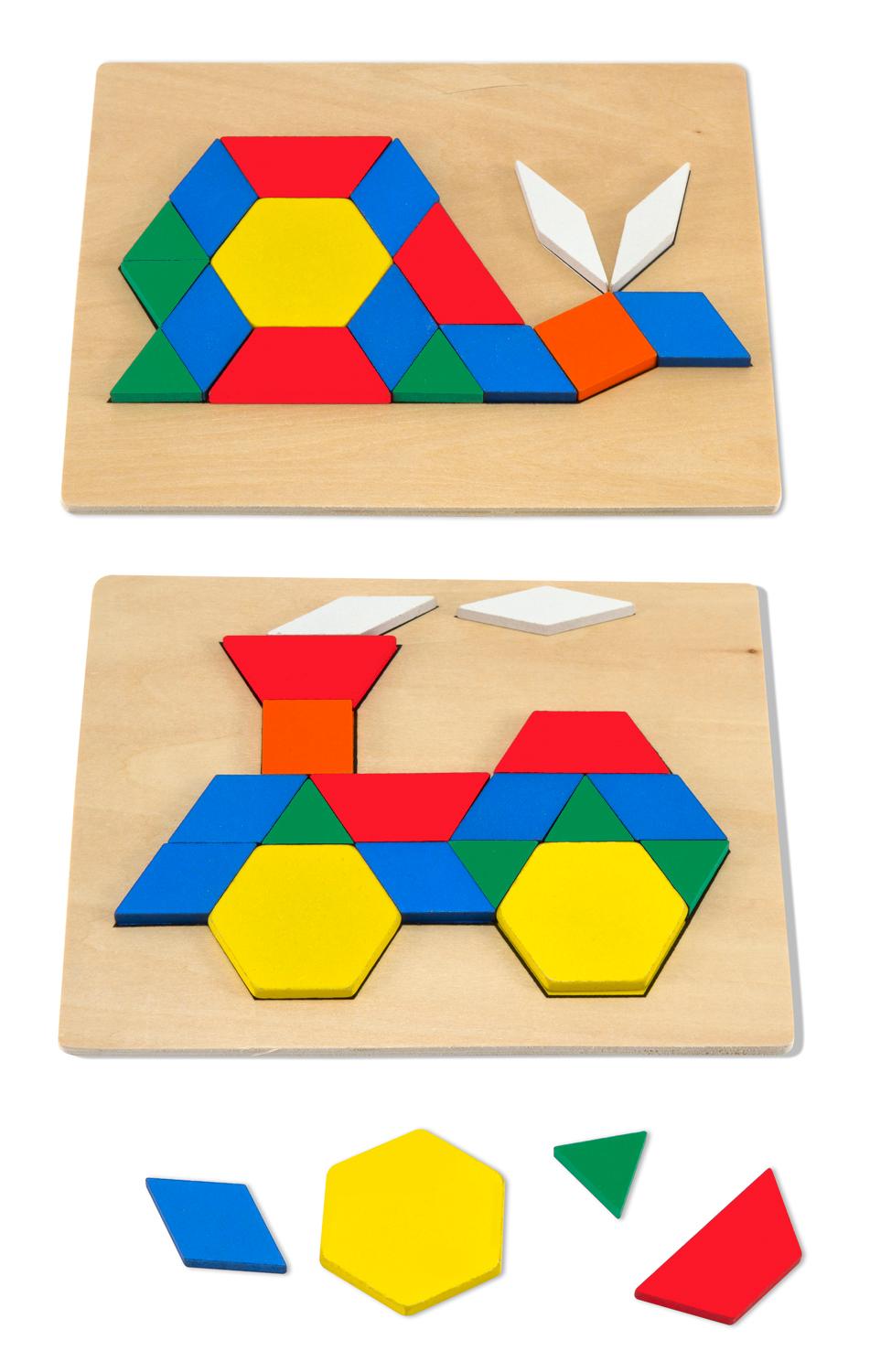 Melissa & Doug Kids Pattern Blocks And Boards Classic Toy (Developmental Toy, Wooden Shape Blocks, Double-Sided Boards, 120 Shapes & 5 Boards)
