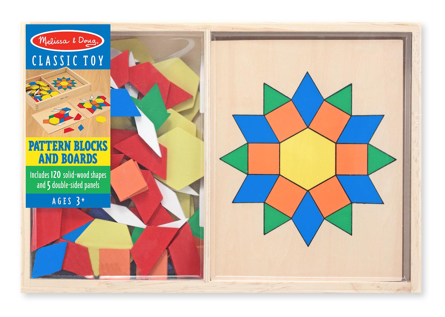 Melissa & Doug Kids Pattern Blocks And Boards Classic Toy (Developmental Toy, Wooden Shape Blocks, Double-Sided Boards, 120 Shapes & 5 Boards)