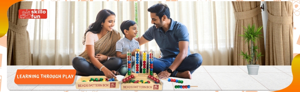 Skillofun Wooden Beads Pattern Box for Kids | Multicolor Bead Kit for Sequencing & Threading | Color Sorting, Shape Matching & Fine Motor Skills Activity Set | Ideal Educational Gift for Age 3+ Years