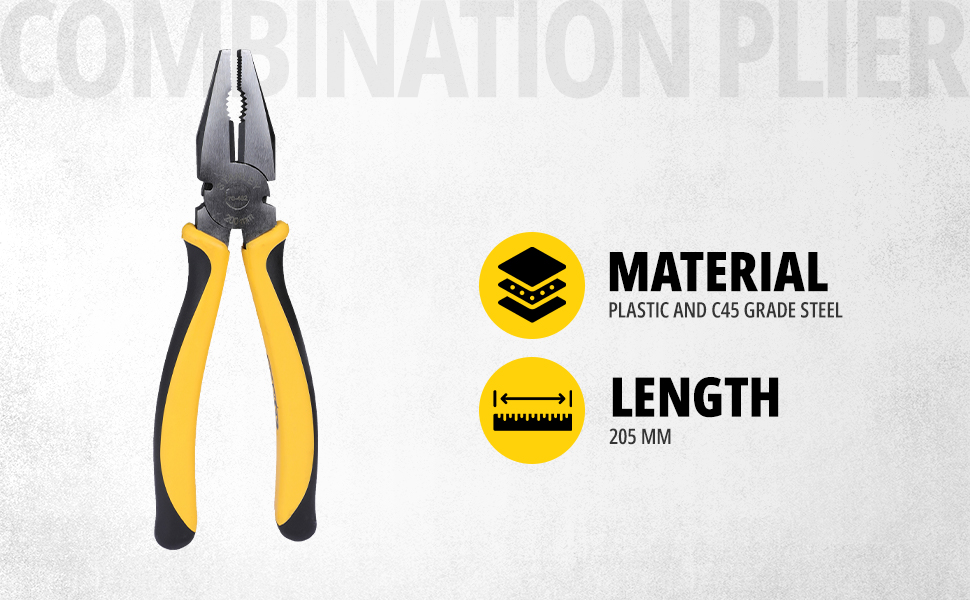 STANLEY 70-482 8'' Sturdy Steel Combination Plier Double Color Sleeve, Anti-Rust, Black Phosphate Finish, Material: C45, Full Body Hardened, Used for Gripping, Twisting, Bending and Wire Cutting