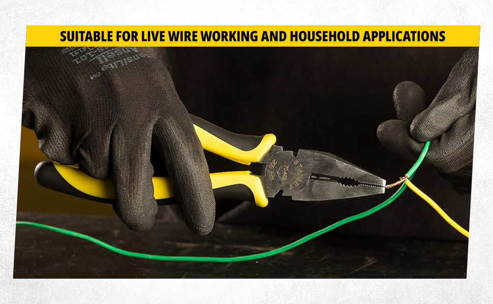 STANLEY 70-482 8'' Sturdy Steel Combination Plier Double Color Sleeve, Anti-Rust, Black Phosphate Finish, Material: C45, Full Body Hardened, Used for Gripping, Twisting, Bending and Wire Cutting