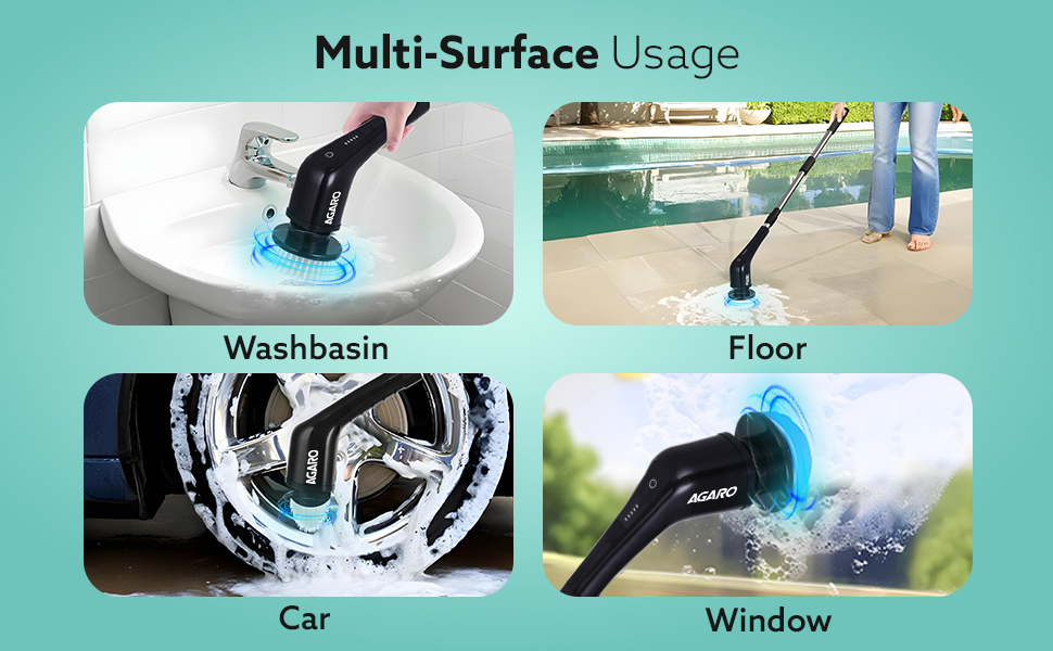 AGARO Royal Electric Spin Scrubber, Cleaning Brush Scrubber for Home, 400RPM/Mins - 8 Replaceable Brush Heads - 90Mins Work Time,3 Adjustable Size,2 Adjustable Speeds for Bathroom,Glass, Car, Black
