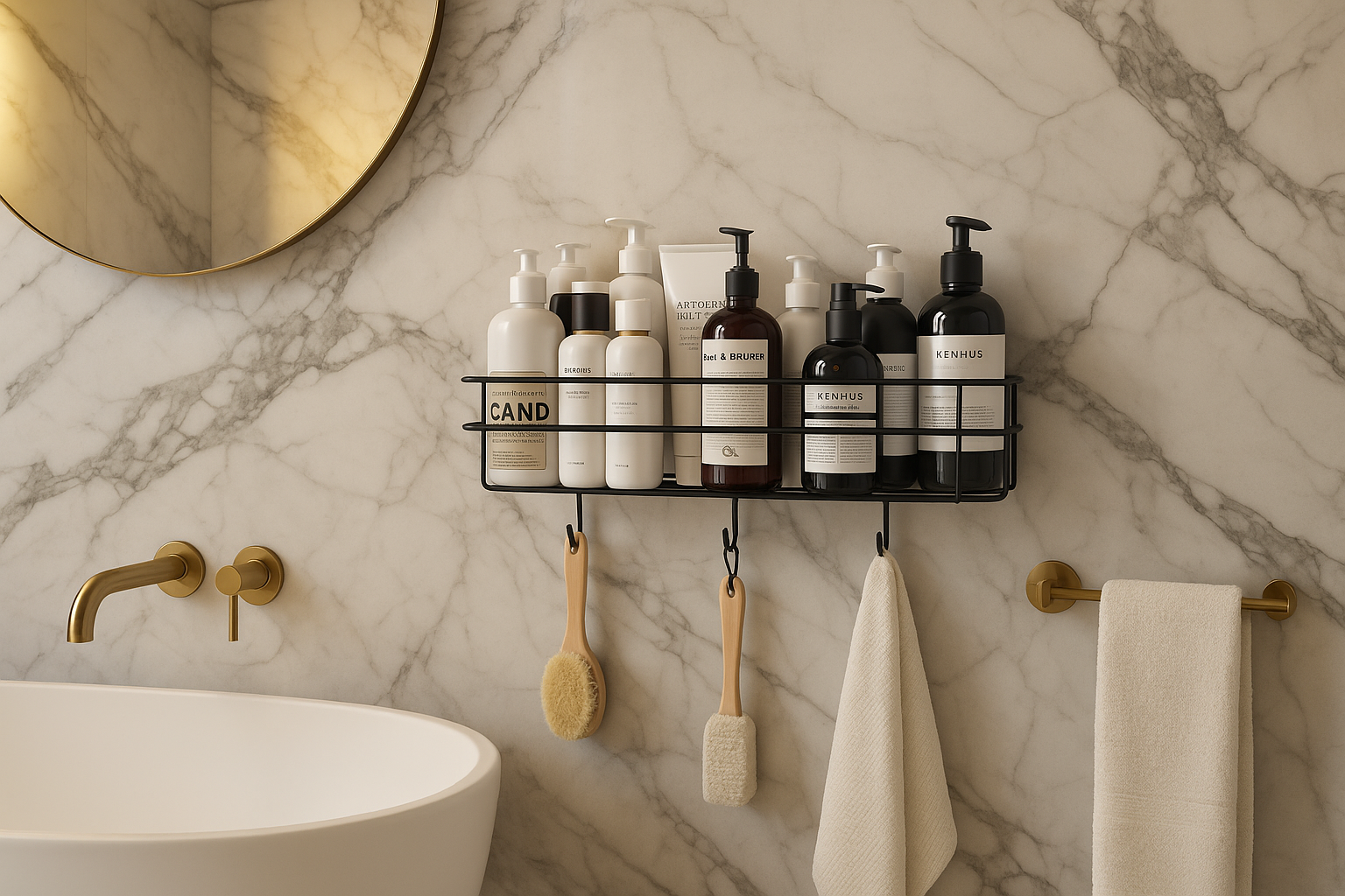 RERANT Self-Adhesive Bathroom Shelf with Hooks - Space-Saving Wall Mounted Shelf for Bathroom Essentials - Durable, No-Drill Required - Sleek Design. (Pack of 1)