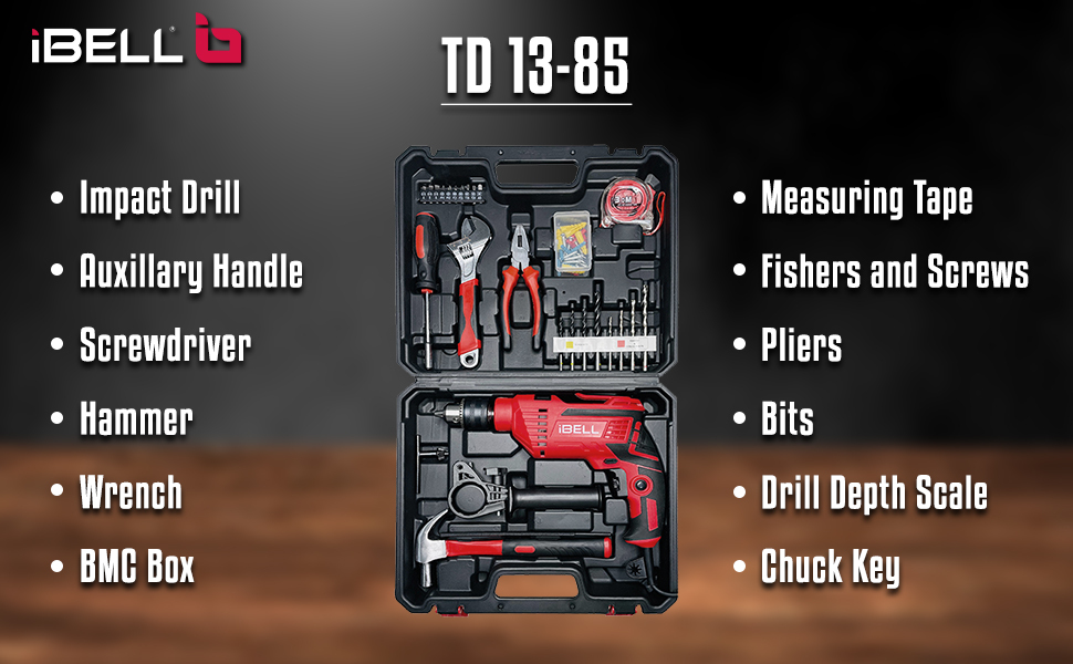 IBELL Professional Tool Kit With Impact Drill TD13-85 | 650W Pure Copper Motor | 13mm Metal Chuck | 2-Speed | 59-Piece Home Essential & DIY Tool Set | Red/Black BMC Box | 2-Year Warranty