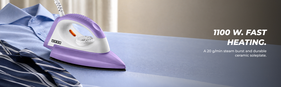 USHA Armor 1100 watts Dry Iron with Shock Proof Plastic Body | Single Coat Black Non Stick Soleplate for Longer Durability|Overheat Safety Shutoff |180° Swivel Cord | 2 Years Warranty|(Purple & White)