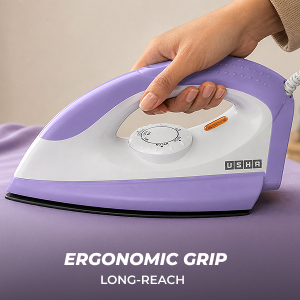 USHA Armor 1100 watts Dry Iron with Shock Proof Plastic Body | Single Coat Black Non Stick Soleplate for Longer Durability|Overheat Safety Shutoff |180° Swivel Cord | 2 Years Warranty|(Purple & White)