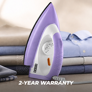 USHA Armor 1100 watts Dry Iron with Shock Proof Plastic Body | Single Coat Black Non Stick Soleplate for Longer Durability|Overheat Safety Shutoff |180° Swivel Cord | 2 Years Warranty|(Purple & White)