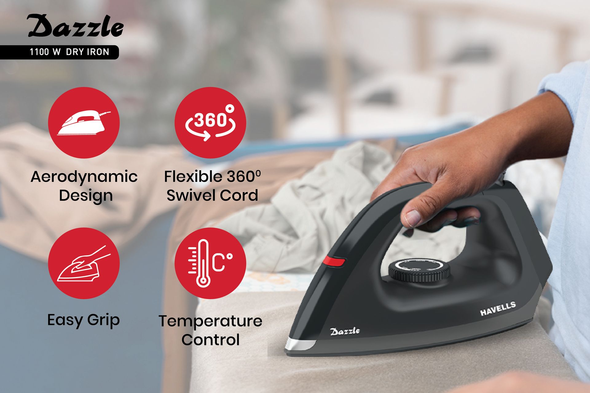 Havells Dry Iron Dazzle 1100 Watts, Iron Press, Greblon Non Sick Soleplate with German Technology| Shock Proof Body| Aerodynamic Design, 360° Swivel Cord|2 Years Door Step Warranty by Havells (Black)