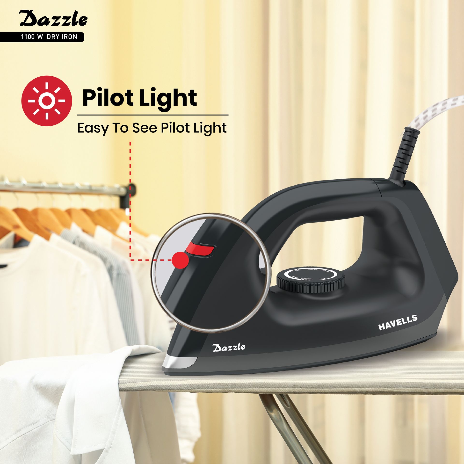 Havells Dry Iron Dazzle 1100 Watts, Iron Press, Greblon Non Sick Soleplate with German Technology| Shock Proof Body| Aerodynamic Design, 360° Swivel Cord|2 Years Door Step Warranty by Havells (Black)