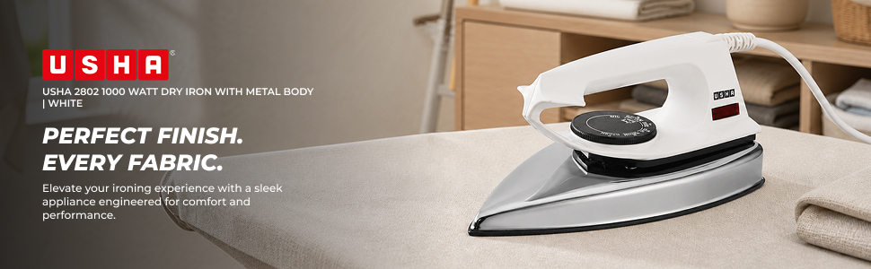 Usha 2802 1000Watt Dry Iron with Metal Body | Single Coat Black Non Stick Soleplate for longer durability | Thermal Safety Fuse | 180° Swivel Cord | 2 Years Warranty | (White)
