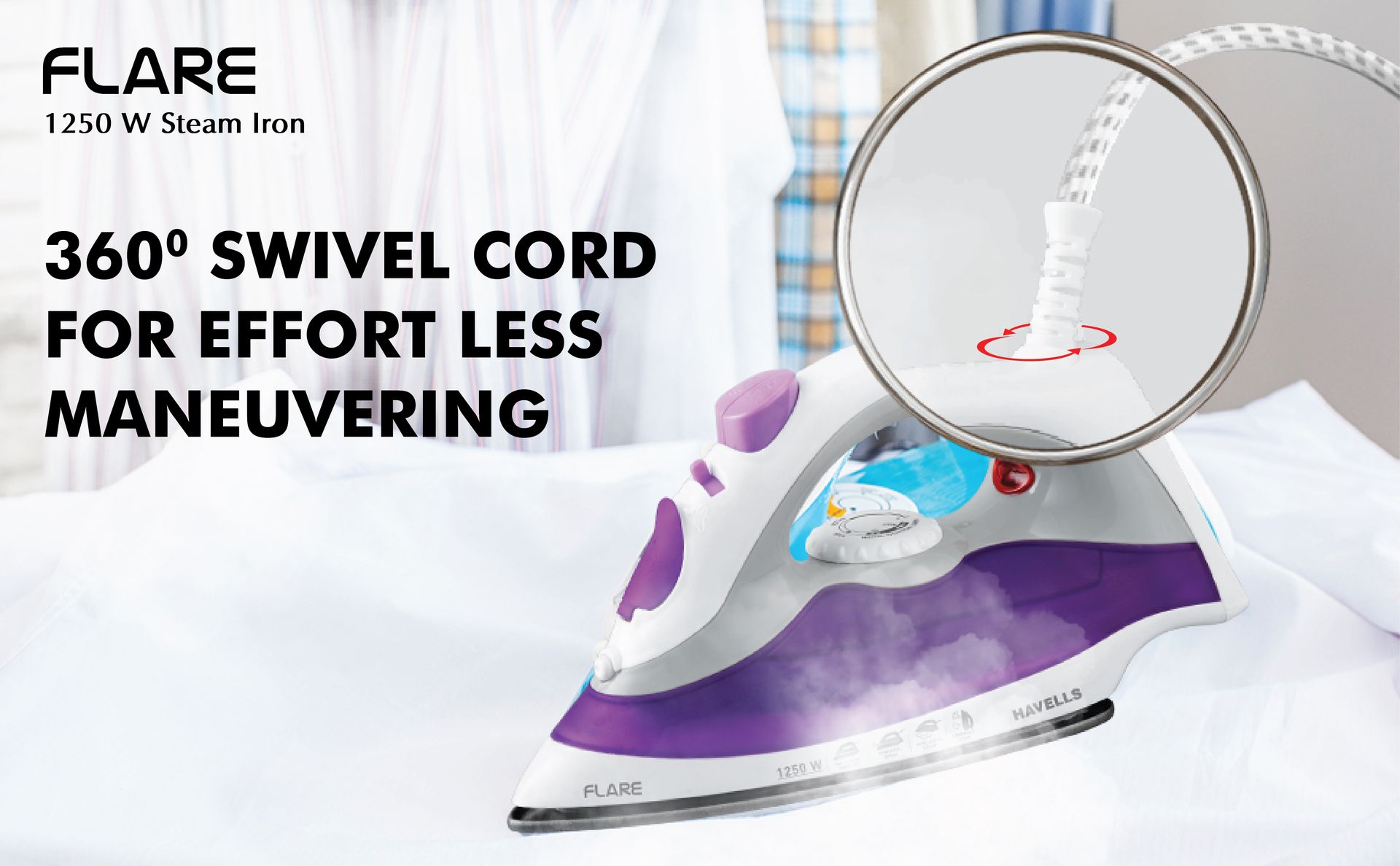 Havells Plastic Flare 1250 Watts Steam Iron With Vertical & Horizontal Ironing | Teflon Coated Sole Plate| Powerful Mist Spray With 3 Functions| 360° Swivel Cord|2 Years Manufacturer Warranty (Purple)