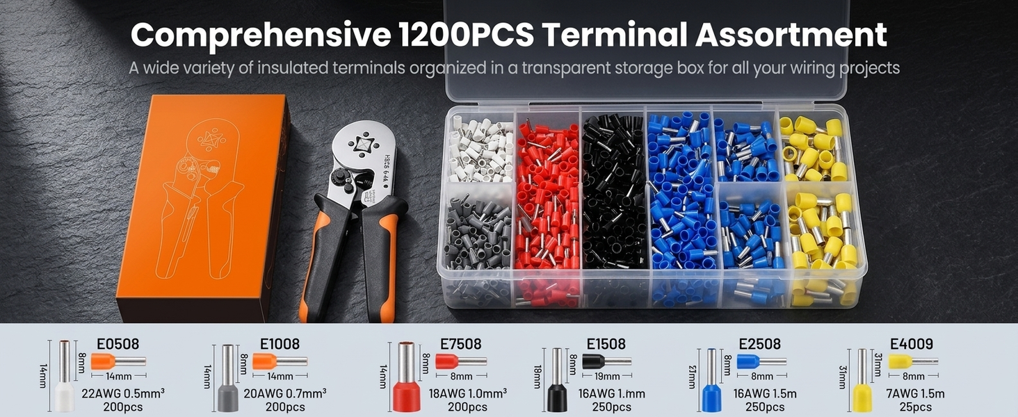 HASTHIP Wire Crimping Tool Kit, Ferrule Crimper, 1200PCS AWG 22-7