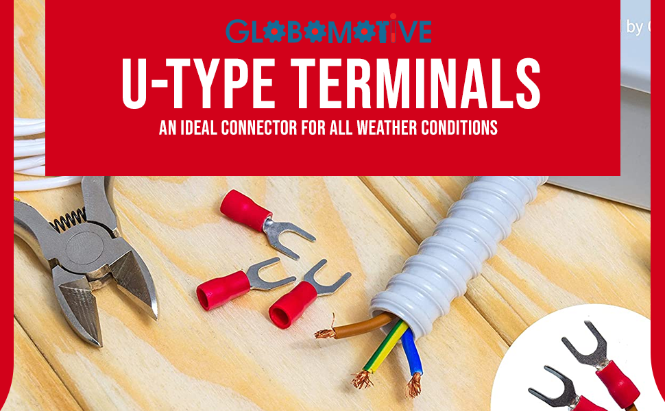 GLOBOMOTIVE Insulated Fork Spade U-Type Terminals Spade Quick Splice Crimp wire Connectors Cable entry 1.5 sqmm; Fork size 3.5 mm (Pack of 100)