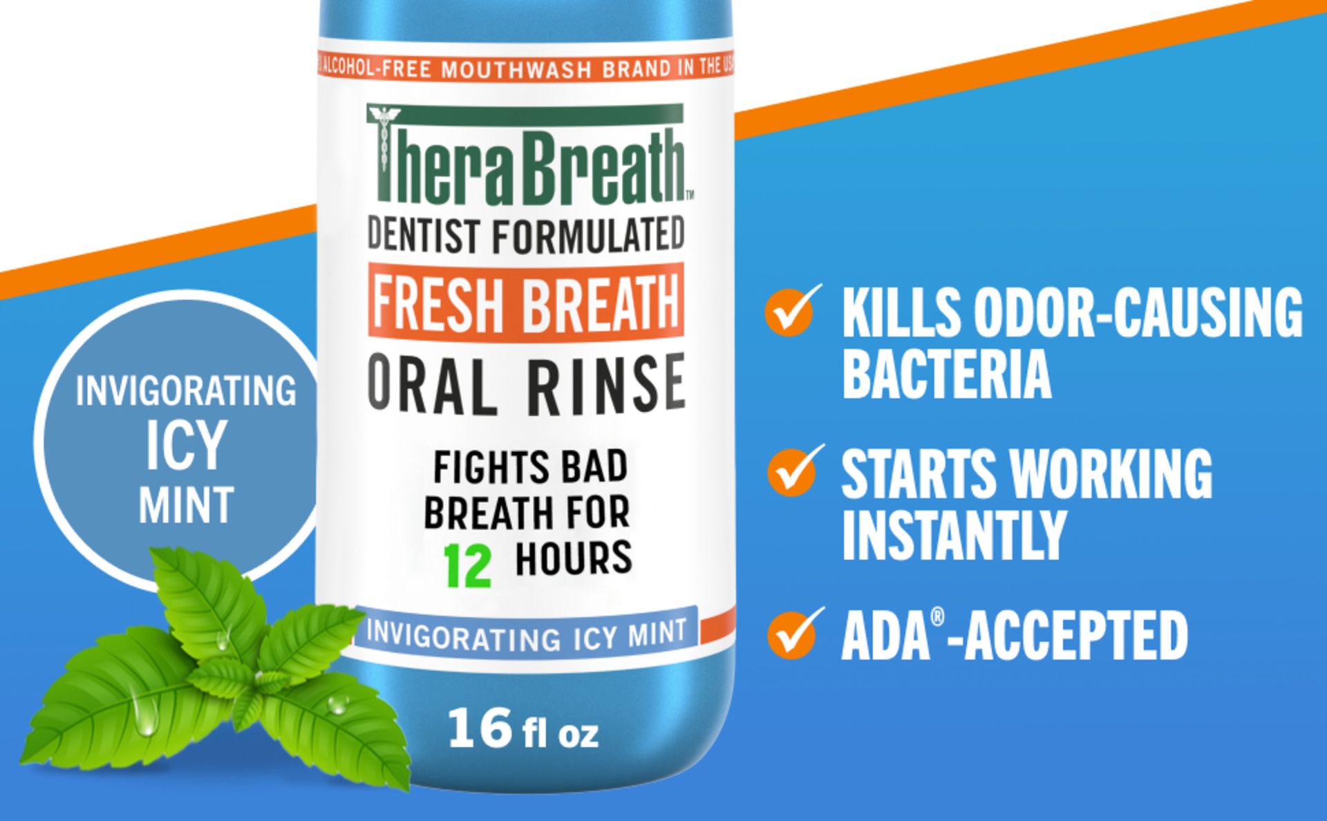 TheraBreath Fresh Breath Mouthwash, Icy Mint Flavor, Alcohol-Free, 16 Fl Oz (Pack of 2)