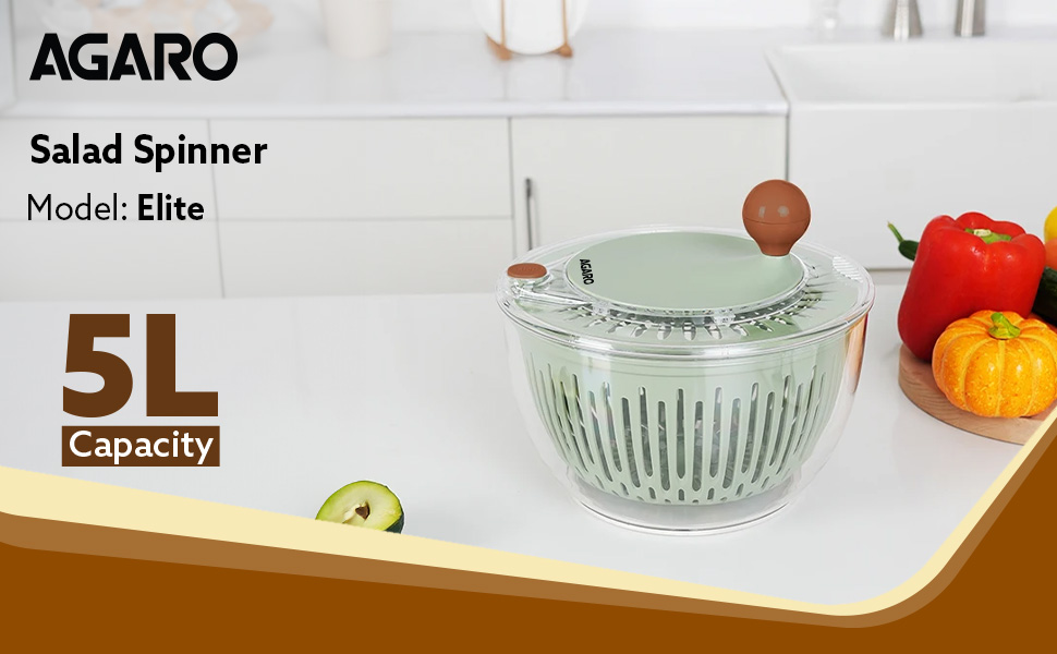 AGARO Elite Salad Spinner, 5L, Vegetable Cleaner & Dryer, Removes Excess Water & Pesticides, Cleans Vegetables Thoroughly, for Mixing Salad with Dressing, Drying Pasta, BPA Free Food-Grade Plastic