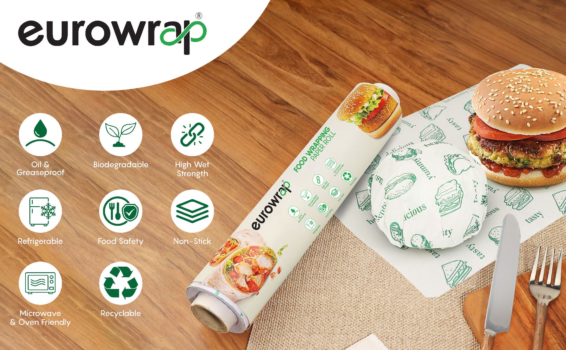 EUROWRAP Food Wrapping Butter Paper 10 Mtr (8+2) | Extra Thick Food Grade Wrap for Cooking, Baking, Packing, Serving & Roti | Non-Stick Multipurpose Parchment Paper | Kitchen Essentials