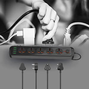 Portronics Power Plate 6 with 4 USB Port + 5 Power Sockets Extension Board, 2500W Power Converter, Cord Length 2Mtr (Black)