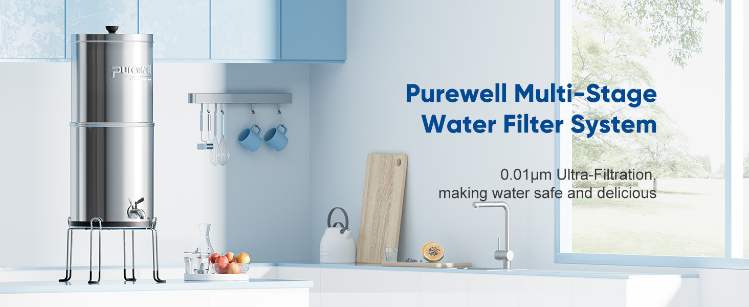 Purewell 3-Stage 0.01μm Ultra-Filtration Gravity Water Filter System, NSF/ANSI 42&372 Certification, 304 Stainless Steel Countertop System with 2 Filters and Stand, Reduce 99% Chlorine, 2.25G, PW-OB