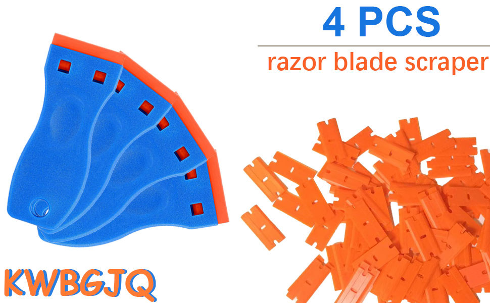 4 Pcs Plastic Razor Blade Scraper and 100 Pcs Blades, Remove Label Decal Tool， Forwithout Scratches Plastic Razor Blade Scraper, Adhesive Remover for Stickers, Gaskets and Paints on Window Car Glass