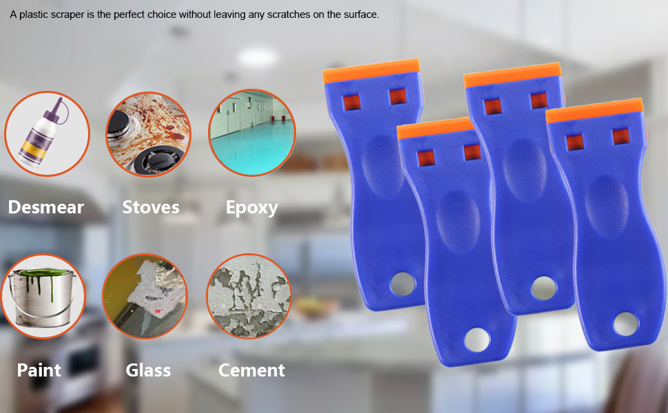 4 PCS Plastic Razor Blade Scraper and 120 PCS Plastic Razor Blades, Cleaning Scraper Tool for Remover, Adhesive, Stickers, Decals, Glass, Labels, Cars Windows