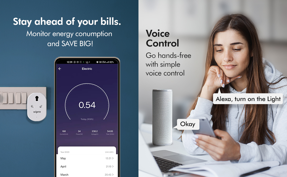 Wipro 16A Wi-Fi Smart Plug with Energy Monitoring- Suitable for Large Appliances like Geysers, Microwave Ovens, Air Conditioners (Works with Alexa and Assistant)- White