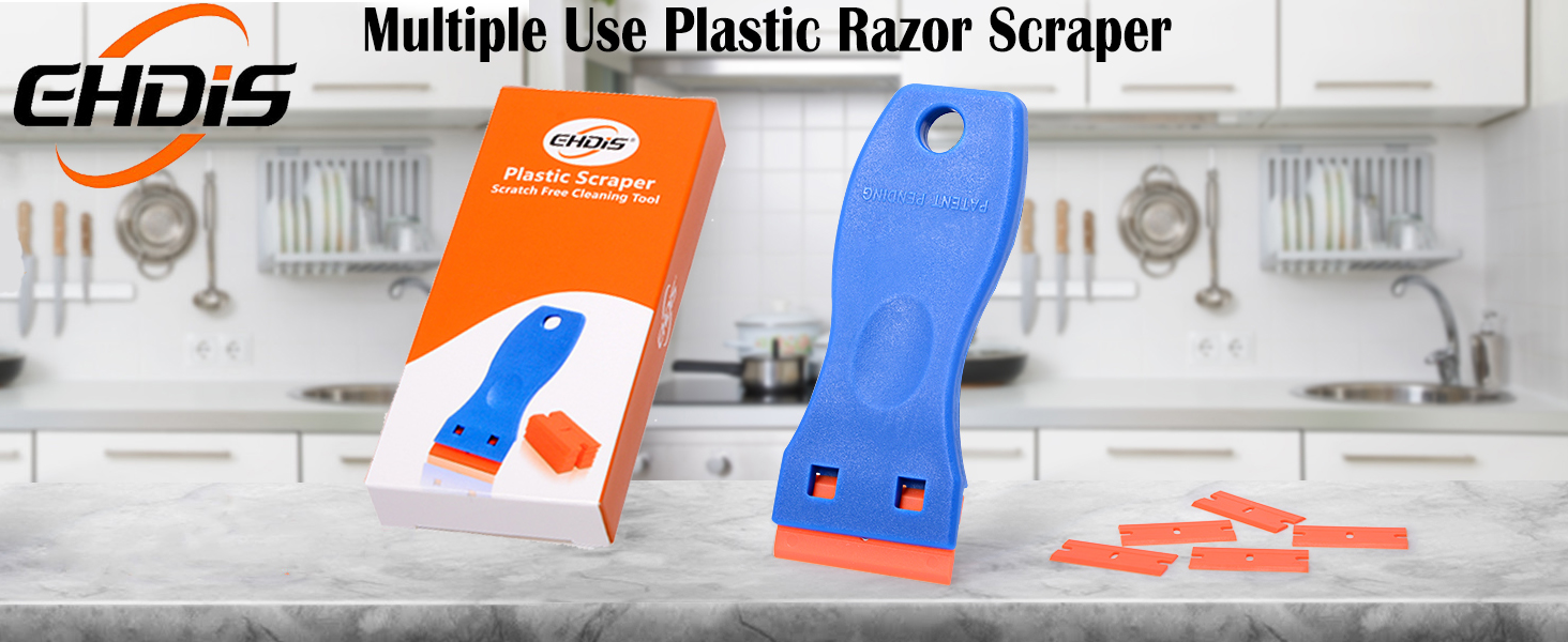 EHDIS 1.5" Plastic Razor Scraper with 10pcs Double Edged Plastic Blades for Removing Labels Stickers Decals on Glass Windows