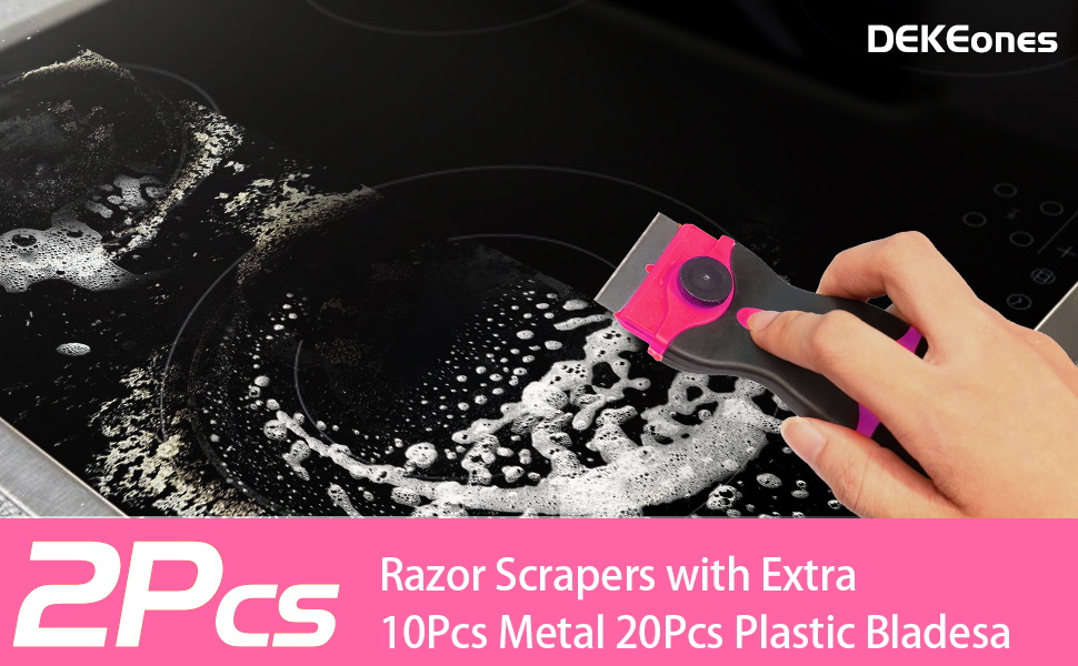 DEKEones Razor Blade Scraper, Double Edged Razorblade Scraping Tool with 10 Pcs Razor Blades, Paint Scraper for Glass, Decals, Tint, Stickers, Labels, Caulk, Adhesive(Pink)