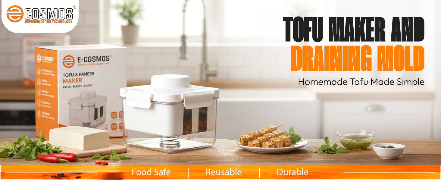 E-COSMOS® Tofu Maker and Draining Mold, Stainless Steel Spring-Loaded Water Remover for Tofu, Paneer & Greek Yogurt, BPA-Free Food-Safe Maker for Firm & Extra Firm Tofu